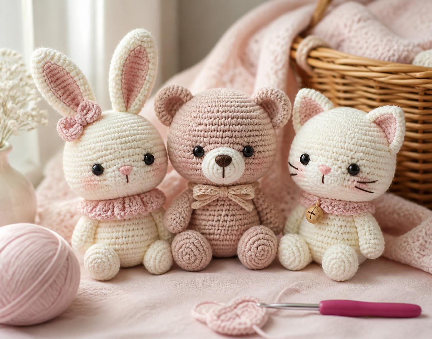 Miniamigurumis y llaveros tejidos a crochet sobre tela rosa